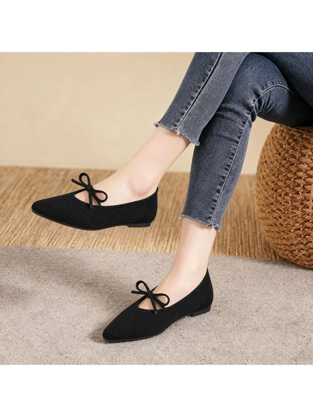 Women's Black Pointed Toe Flats Comfortable Knit Ballet Shoes Washable Dressy